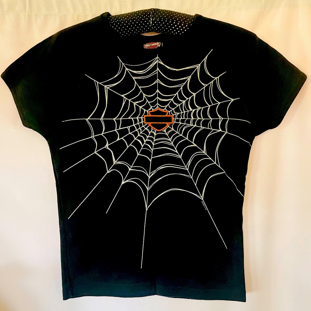 Vintage 🧡 “Harley Davidson” 🖤 Women’s Black Cotton Spiderweb Design Tshirt 🏍️